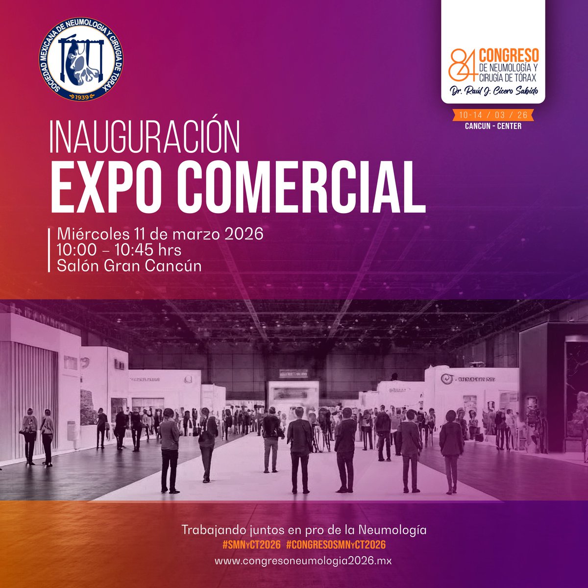 SMNYCT's tweet photo. Te invitamos a participar en la inauguración de la Expo Comercial del 84 Congreso de Neumología y Cirugía de Tórax
Un espacio de encuentro, innovación y ciencia en Neumología
11 de marzo de 2026
10:00 – 10:45 h
Salón Gran Cancún

Trabajando juntos en pro de la Neumología https://t.co/rl90IivBNB