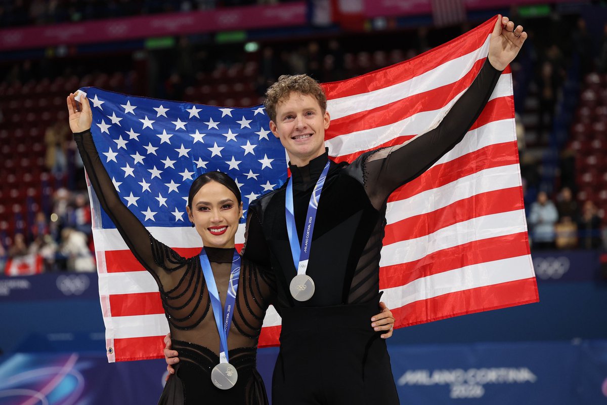 UMichAthletics's tweet photo. SILVER 🥈 Congratulations to Michigan alum Evan Bates on a silver medal performance in Ice Dancing at the 2026 Winter Olympic Games! https://t.co/57XP4zqkPm