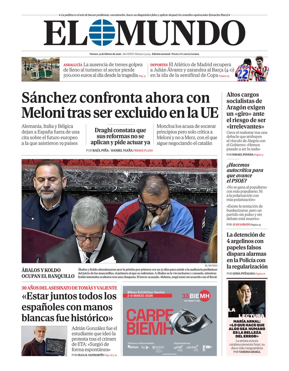 📰 Portada de EL MUNDO del viernes 13 de febrero.  

Ya disponible en Orbyt y en la edición digital con la mejor información.
