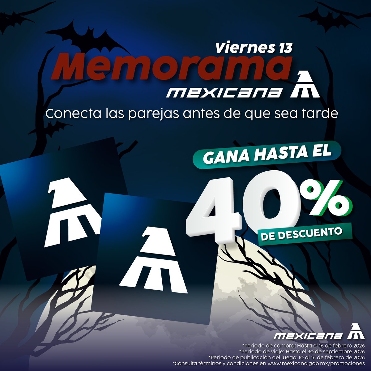 MexicanaVuela_'s tweet photo. Este viernes 13 no le tengas miedo a la suerte…
mejor ponla a tu favor 🃏
Juega nuestro memorama, encuentra las parejas correctas y gana hasta 40% de descuento en tu próximo vuelo.
✈️ Atrévete a jugar y despegar.
https://t.co/TgMwHkQQeN
#Memorama #Juego #Mexicana #Promoción https://t.co/k0x8sLD2H1
