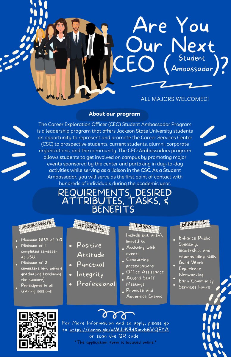 tigers2work's tweet photo. Are YOU our next CEO (Student Ambassador)? 👔✨

Step into leadership — apply today!
🔗 https://t.co/NXiQmu3I8r

#JSU #StudentAmbassador #LeadershipOpportunity https://t.co/189vgwIO14
