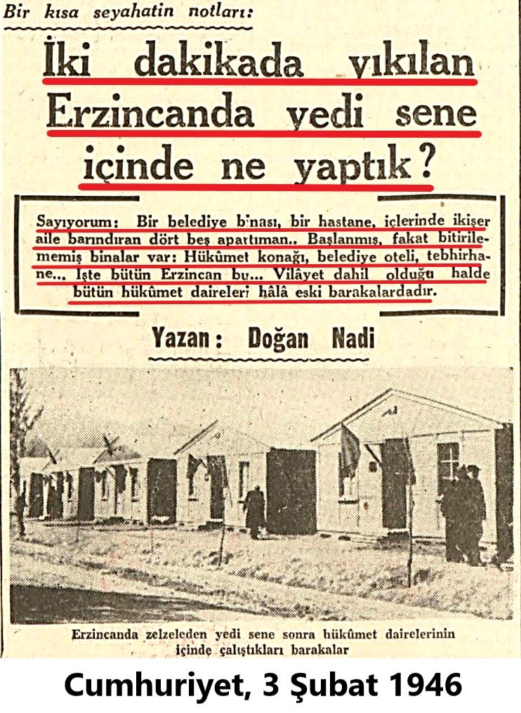 Cumhuriyet gazetesinin sahibi ve başyazarı Nadir Nadi'nin kardeşi Doğan Nadi depremin üzerinden koca 7 sene geçtikten sonra gittiği Erzincan'da gördüklerini yazmış! 

Yapılanları özetleyelim onun yerine: KOCA BİR HİÇ

Metin:

"İki dakikada yıkılan Erzincan’da yedi sene
içinde ne