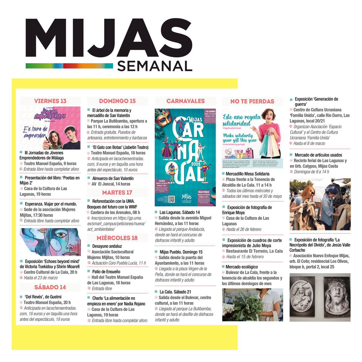 #Agenda | #Mija 
📆 Mijas Semanal te acerca la agenda de eventos de los próximos días: exposiciones, fiestas, conferencias, mercadillos y mucho más para disfrutar al máximo de las ofertas culturales y de ocio del municipio. 
📲689 72 90 32