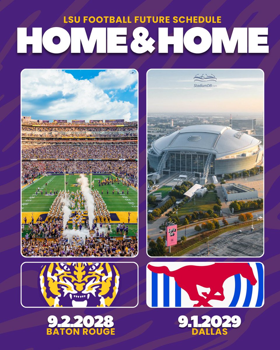 NEW: LSU to open 2029 season vs. SMU in Arlington

🚨 LSU’s 2029 season opener vs SMU is moving to AT&amp;T Stadium in Arlington. Tigers are 4-0 there (Oregon, A&amp;M, TCU, Miami). 🏈🔥

READ: louisianasports.net/2026/02/12/lsu…