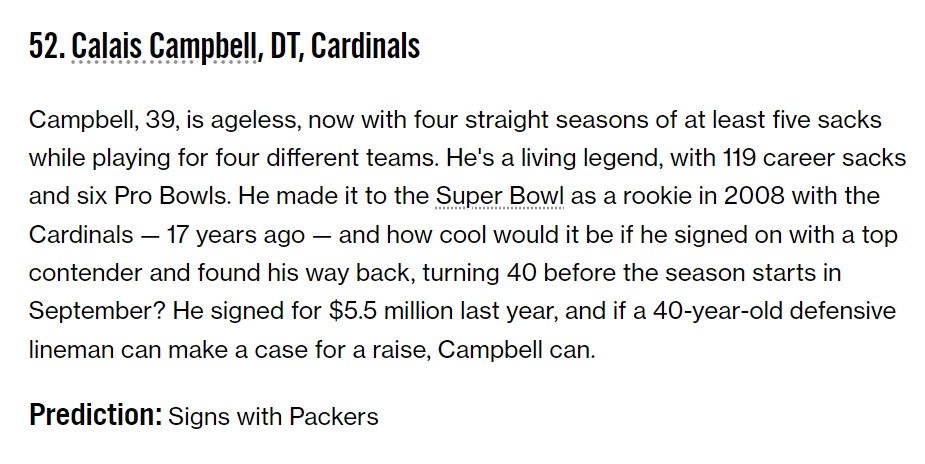 packers_access's tweet photo. FOX Sports predicts the Packers will sign DT Calais Campbell in free agency. Packers fans how would yall feel about this signing? https://t.co/HMni9GnGUE
