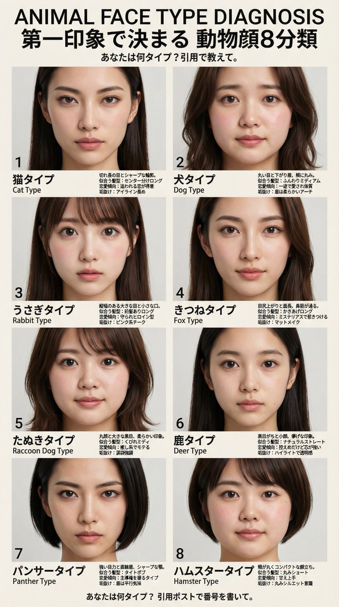 写真でわかる動物顔診断
みんなは何の動物だった？
#診断テスト #顔写真 #メイク 

x.com/minaduki_esola…