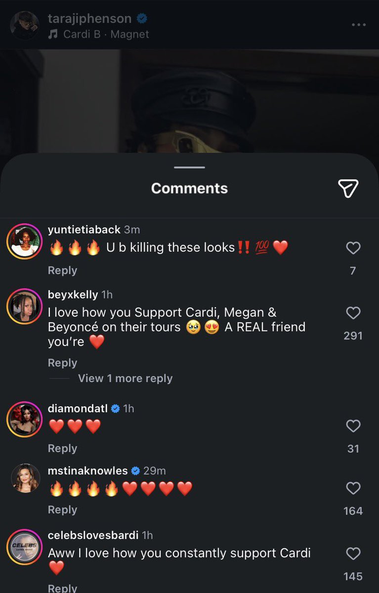 baddiebxbeth's tweet photo. THEEEE TINA KNOWLES JUST COMMENTED ON TARAJI’S POST ABOUT CARDIS TOUR !! COULD BEYONCÉ POSSIBLY ATTEND ONE SHOW?!? 👀 https://t.co/DQ3DUJ37n2