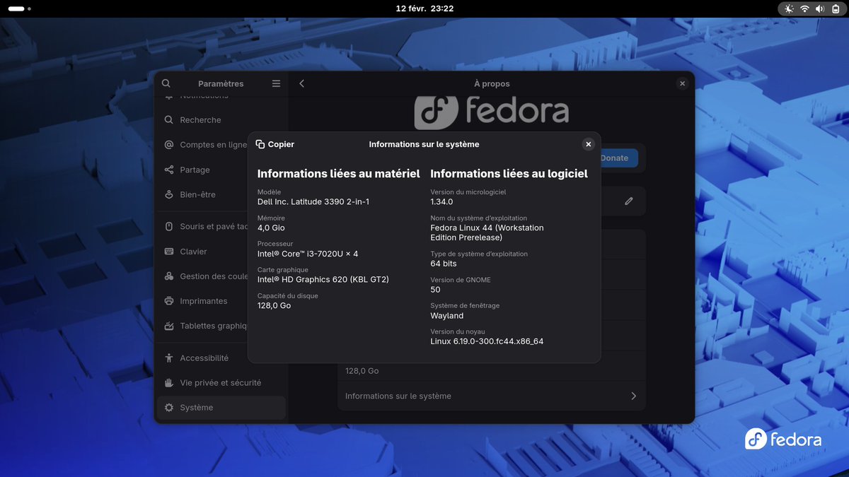 _adriend_'s tweet image. Je profite du prêt du Dell Latitude 3390 2-in-1 pour tester la version 50 de GNOME, Fedora Linux 44 !
Et le tactile et le clavier virtuel fonctionne super bien !
Venez tester aussi : testdays.fedoraproject.org/testday/13
#Fedora #GNOME