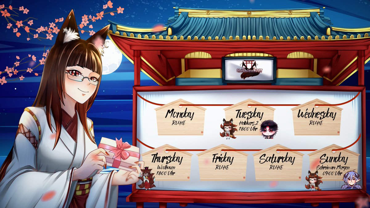 ⛩️ Hiermit erhaltet ihr den Streamplan für KW8 (16.02. - 22.02.):

Eine neue Woche beginnt und damit auch ein neuer Wochenplan, wupp wupp!
Was zum...schon Woche 8?! Wie schnell verfliegt die Zeit??? 😱 
Und auch diese Woche sind ein paar Collabs geplant!
 
Dienstag 18:00 Uhr: