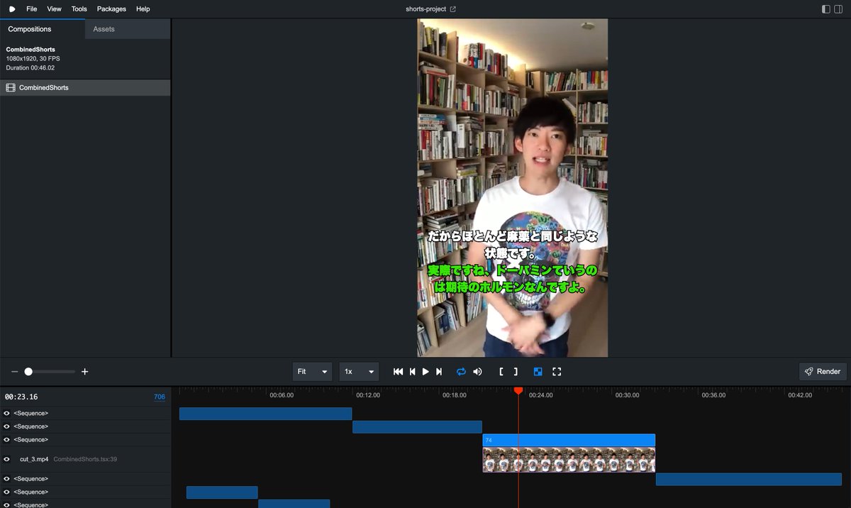 apppman's tweet photo. 動画編集スキルyoutube-shorts-creatorを作ったから見てほしい

1. YoutubeのURLからヒートマップ
取得

2. SRTファイル作成(字幕とタイムコード)

3. シナリオ作成

4. Remotionに展開、確認

5. レンダリング

5分ほどで完了

これ作り込んだら本当自動化できそうですね、
しかもスキル化しとくと誰でもできるていうのがいい

需要あるなら記事にします
