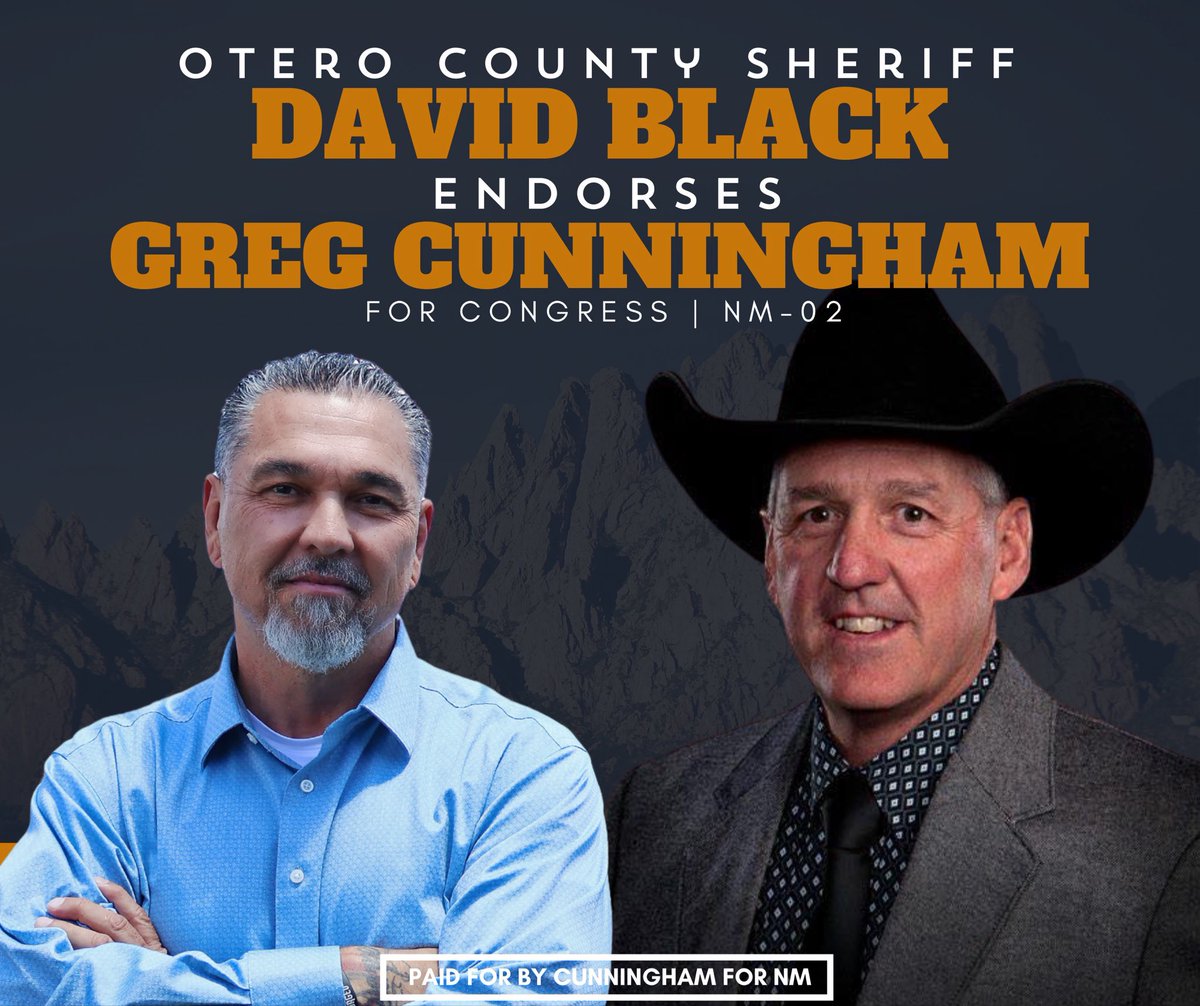 I am honored to have Otero County Sheriff David Black’s endorsement in this critical race to take back #NM02

“I am proud to endorse Greg Cunningham for Congress in New Mexico’s Second District. We deserve a battle tested conservative who has worn the uniform, protected our