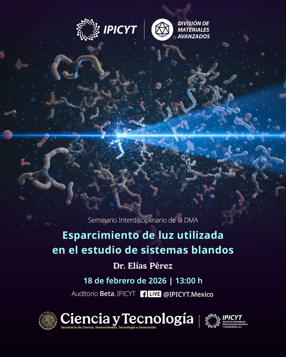 ¿Cómo se comporta la luz al interactuar con sistemas blandos?
Acompáñanos en este seminario donde el Dr. Elías Pérez abordará el uso del esparcimiento de luz como herramienta clave para el estudio de materiales complejos.

📅 18 de febrero de 2026
🕐 13:00 h