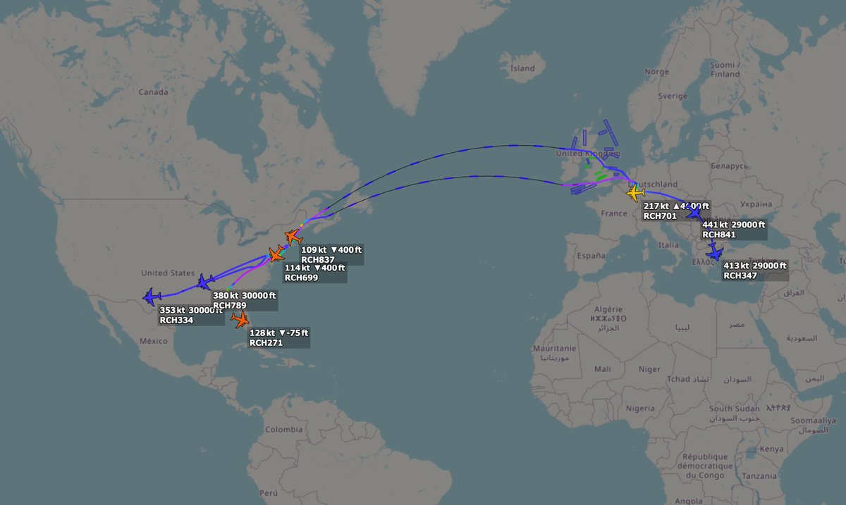 ArmchairAdml's tweet photo. #USAF United States Air Force - Middle East Activity
12 February - 2200z
There have now been at least 147 flights of U.S. Air Force C-17 and C-5 aircraft from bases in the United States and Japan to bases in the CENTCOM AOR, via primarily Spangdahlem Air Base in Germany.
The breakdown of the destinations looks like this:
Muwaffaq Salti Air Base: 87
Ali Al Salem Air Base: 15
Al Udeid Air Base: 13
Prince Sultan Air Base: 19
Isa Air Base: 3
Diego Garcia NSF: 10
Of these 147 flights, 106 of them came from these five airfields:
Robert Gray Army Airfield: 49
Biggs Army Airfield: 25
Anniston Army Depot: 6
Roosevelt Roads NAS: 12
RAF Lakenheath: 14
Three C-17s either arrived at, or are en route to, their final destination in the Middle East:
#AE49C6 09-9210 - REACH 699 (Vieques)
#AE2FA2 08-8190 - REACH 347 (Anniston AD)
#AE1468 07-7170 - REACH 841 (Biggs AAF)
REACH 699 and REACH 347 are headed to Muwaffaq Salti Air Base in Jordan, where 12x F-15Es, 6x F-35As are currently based. REACH 841 is to Ali Al Salem Air Base in Kuwait.
There are five currently in-progress flights:
#AE145B 06-6157 - REACH 789 (Robert Gray AAF)
#AE146E 07-7176 - REACH 702 (Robert Gray AAF)
#AE20C9 07-7188 - REACH 334 (Biggs AAF)
#AE2FAD 08-8201 - REACH 837 (Anniston Army Depot)
#AE1239 04-4129 - REACH 271 (Roosevelt Roads NAS)
The vast majority of the flights so far have been from Army Airfields supporting the deployment of THAAD and Patriot air defence systems, and deploying equipment from RAF Lakenheath and Roosevelt Roads for the F-15Es and F-35As that have been moved from those bases.
Please let me know any corrections or additions!
Photos: @havoc_aviation
@MATA_osint @DefenceGeek @sipjack1776 @TheIntelFrog @Andyyyyrrrr @vcdgf555 @sentdefender @Osinttechnical @FaytuksNetwork @Faytuks