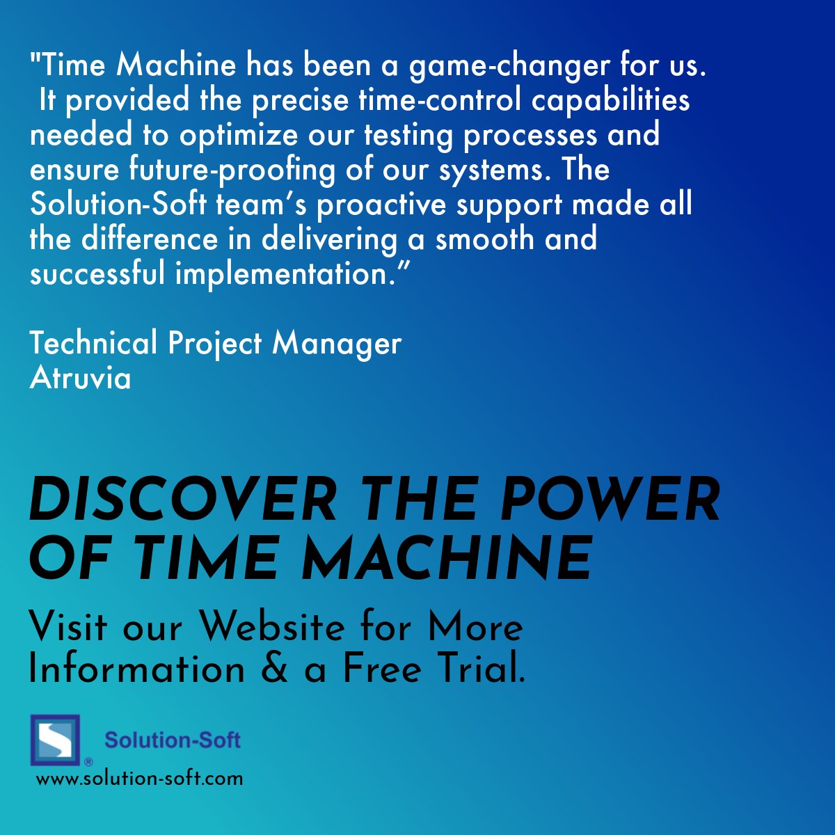 SolutionSoftTM's tweet photo. A game-changer.
Precise.
Future-proof.

Time Machine® delivers the time-control capabilities modern enterprises need to optimize testing and ensure long-term system stability.

Ready to take control of time in your test environment? https://t.co/4aTQF70FAN

#TimeTravelTesting https://t.co/cvTKO1d9kg