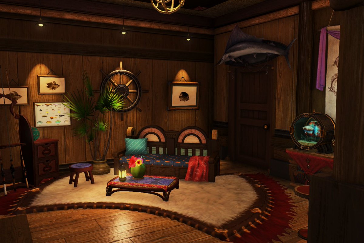 A South Seas fishing shack on stilts with its own little pier, overlooking a misty bay 🎣

Built for an avid fisher (aquarium display room is a WIP until we get more item slots 🥲)

#ffxiv #ff14 #ffxivhousing #ff14housing #HousingEden #FF14ハウジング