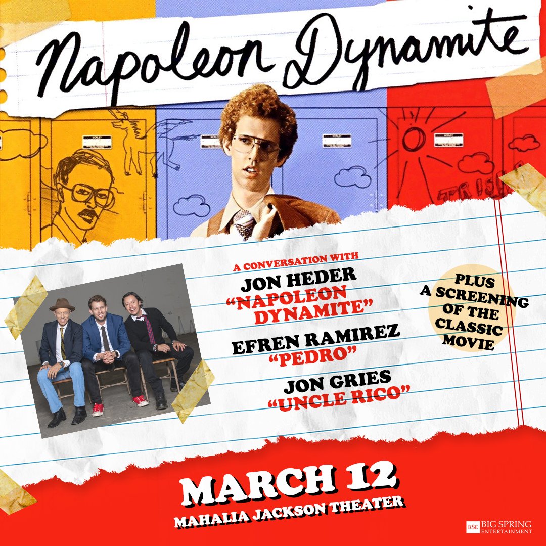 A 20th anniversary celebration you won’t forget. Napoleon Dynamite LIVE! hits the Mahalia Jackson Theater on March 12 with a full screening and an interactive live show featuring Jon Heder, Jon Gries &amp; Efren Ramirez.  🎟️ atgtix.co/4ahvPiL