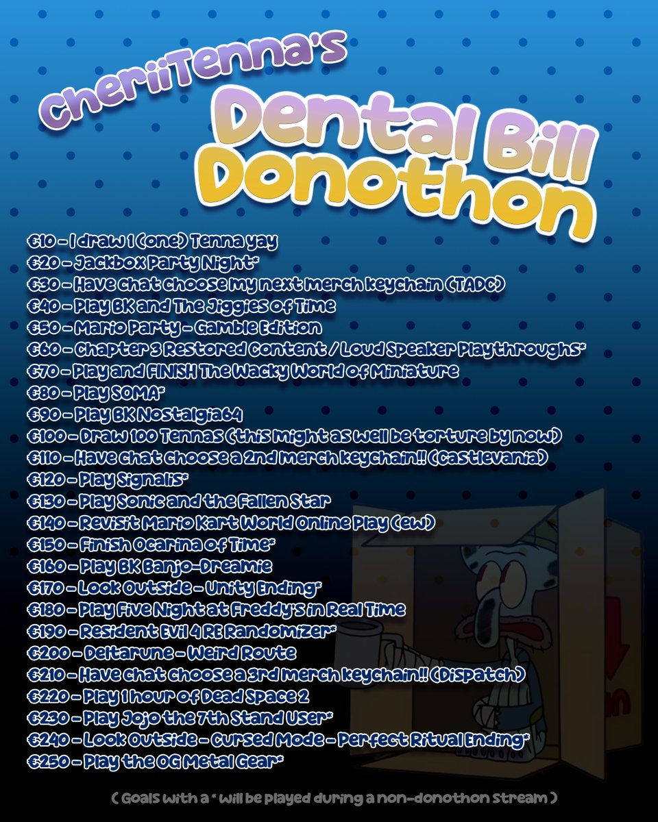 New Year, New Bills! 💸💸

I'm holding a multi-day Donothon to hopefully fund a major dental bill I received. Every €10, a goal is met to keep things exciting!

I have a merch store, if you'd like something physical!

📆 Starts February 16th
⏰ 7PM UTC DAILY

↓ Links below! ↓