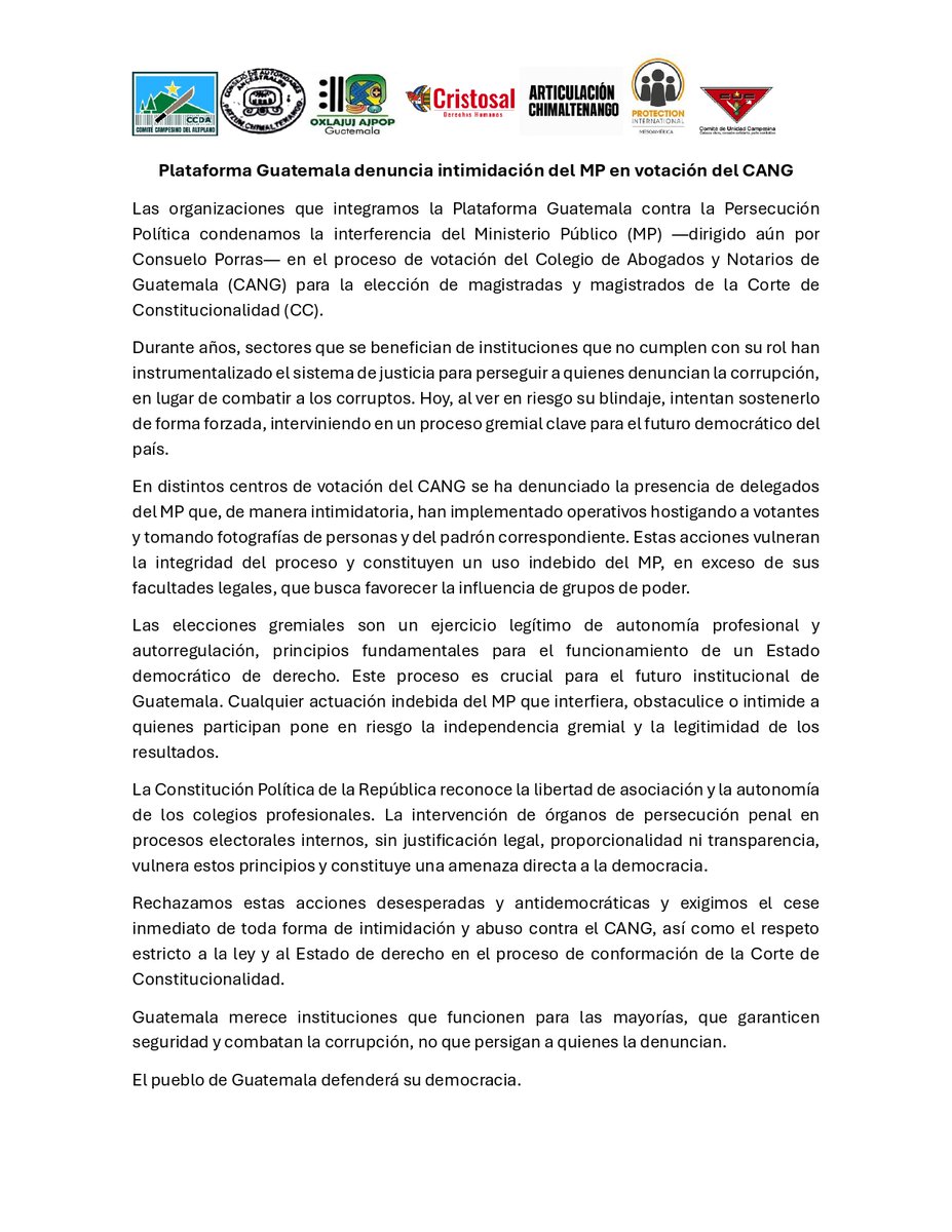 📢 #Comunicado | Guatemala merece instituciones que funcionen para las mayorías, que garanticen seguridad y combatan la corrupción, no que persigan a quienes la denuncian.

🔁 Garantías plenas para quienes ejercen su derecho al voto.  Comparte y conoce más. ⤵️

<a href="/ccdaoficialgt/">CCDA Guatemala</a>