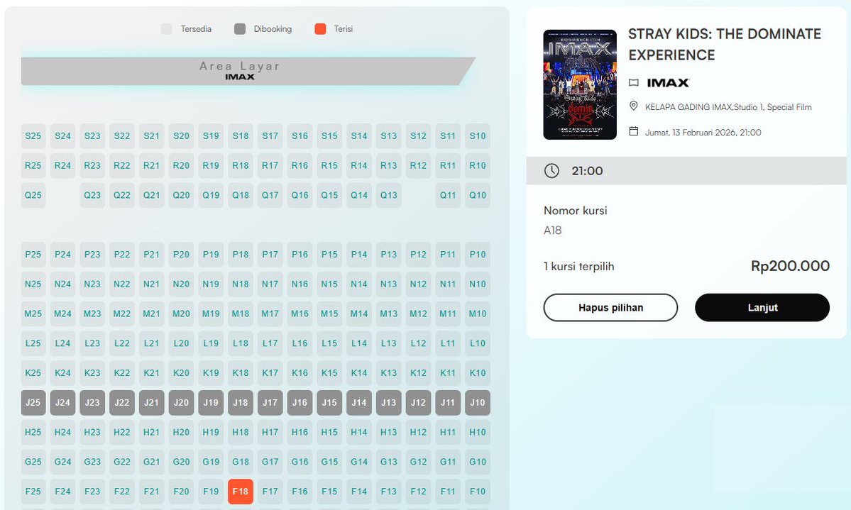 pengen nonton imax gading, tp jam 9 malem banget 😭😭😭😭👊👊👊👊 baru 1 kursi yg terisi 🫠🫠🫠🫠