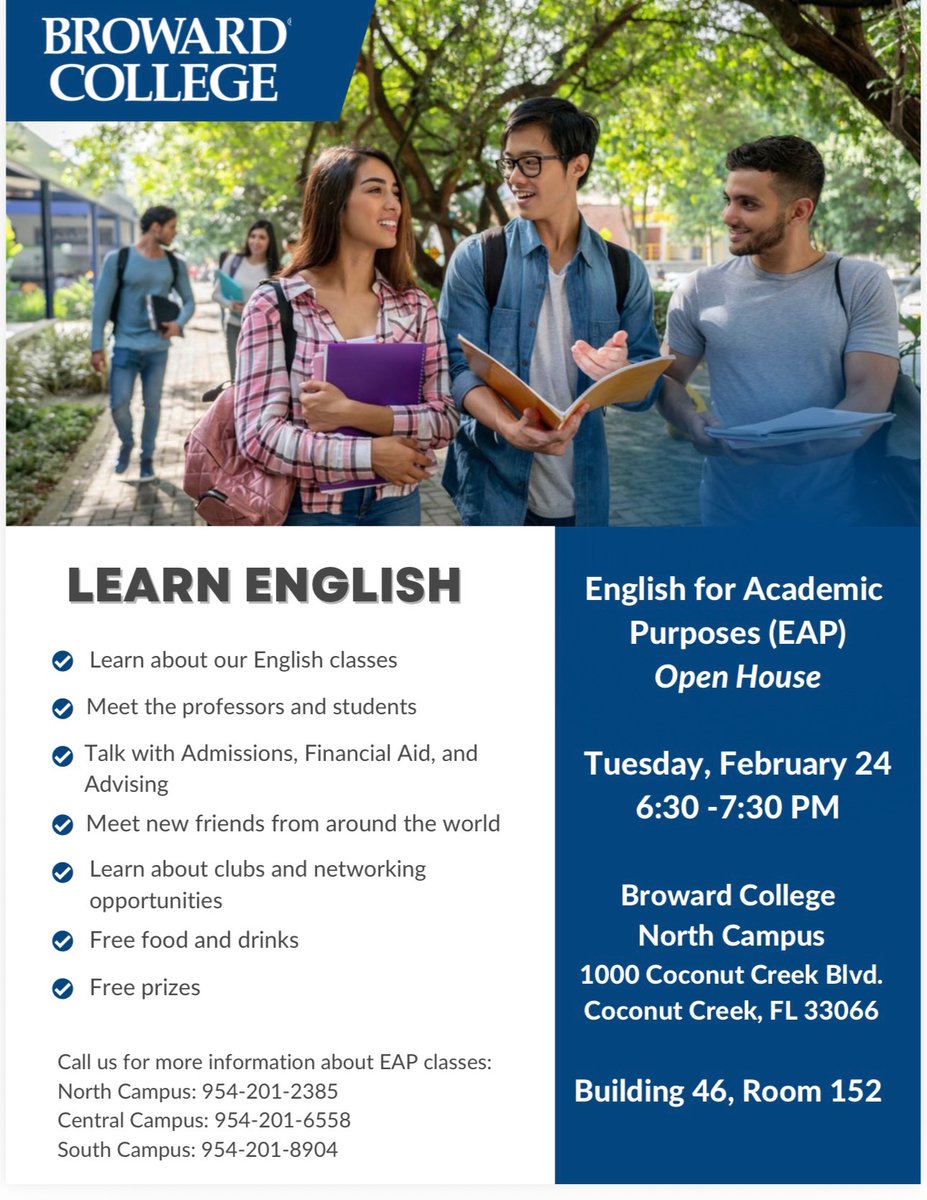 Unlock Your Future in English at Broward College! Free food, prizes, and a welcoming community ready to help you thrive.
📆Tuesday, Feb. 24 
⏰ 6:30–7:30 PM 
📍North Campus