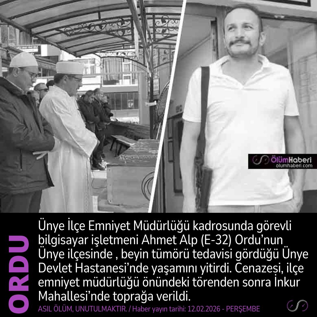 OlumHaberi's tweet photo. Emniyet Personeli Ahmet Alp (E-32) Ordu Ünye’de, beyin tümörü sonucu yaşamını yitirdi.
https://t.co/EMePqhJyBv
#Emniyet #AhmetAlp #Ordu #Unye #beyintumoru #vefat #cenaze https://t.co/IXPbJosXYL