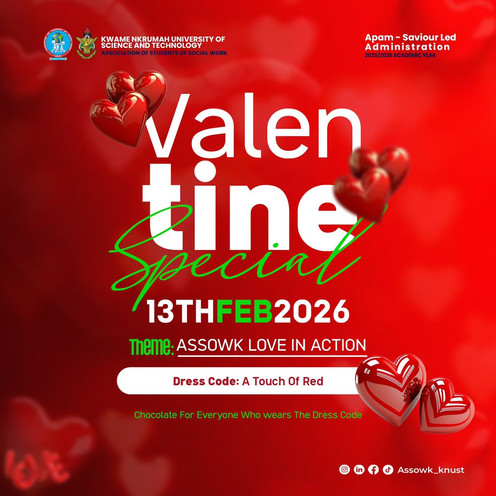 assowk_knust's tweet photo. ASSOWK presents Valentine Special 2026 💌

📅 13th February, 2026
🎯 Theme: ASSOWK Love in Action
👗 Dress Code: A Touch of Red

This isn’t just about red outfits and chocolates (although, there’ll be chocolates😉🍫). It’s about showing love the social work way https://t.co/dy3Q1k6P8L