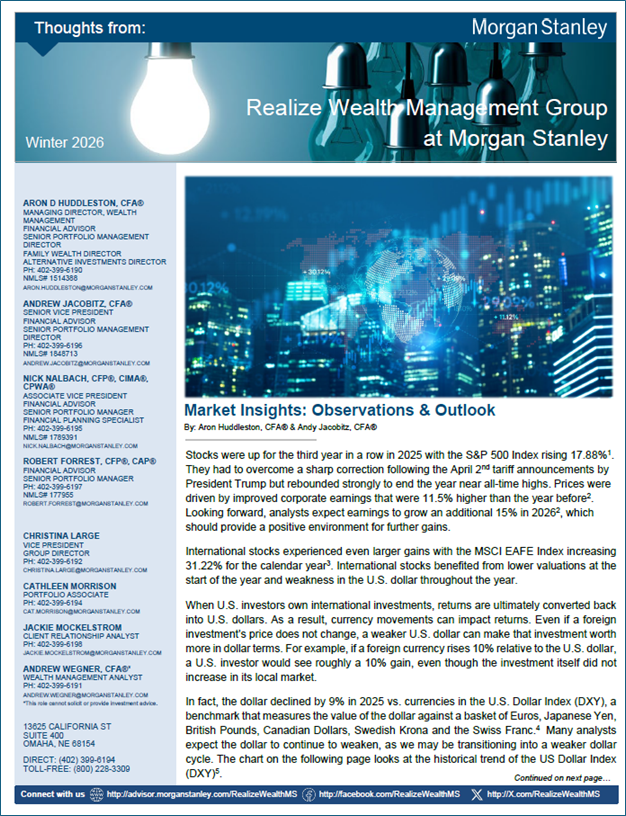 RealizeWealthMS's tweet photo. 📬 Our Winter 2026 newsletter is out! 

In this issue, we provide perspective on last year's market drivers, expectations for the year ahead, and important planning reminders to help you stay informed and prepared.  

#RealizeWMG #MorganStanley https://t.co/iwBMzKda9J https://t.co/cenkJUAWai