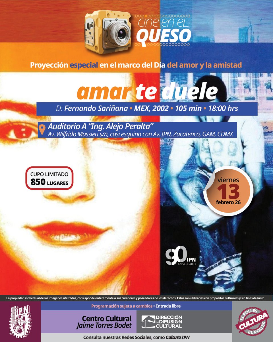 ¡Mañana! En el marco del Día del amor y la amistad, asiste a la proyección especial de 'Amarte duele'  de Fernando Sariñana. 📽️🧡 La cita es en el Auditorio A "Ing. Alejo Peralta" del Centro Cultural Jaime Torres Bodet, de <a href="/IPN_Cultura/">Cultura IPN</a>. 

 ✨13 de febrero a las 18:00 horas