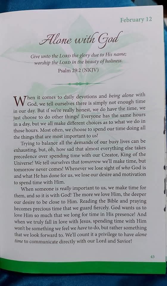 Godwakeupcall's tweet image. February 12
ALONE WITH GOD
#KeyText: Psalm 29:2
#By: Brenda Walsh 
#OneMinuteDailyDevotional