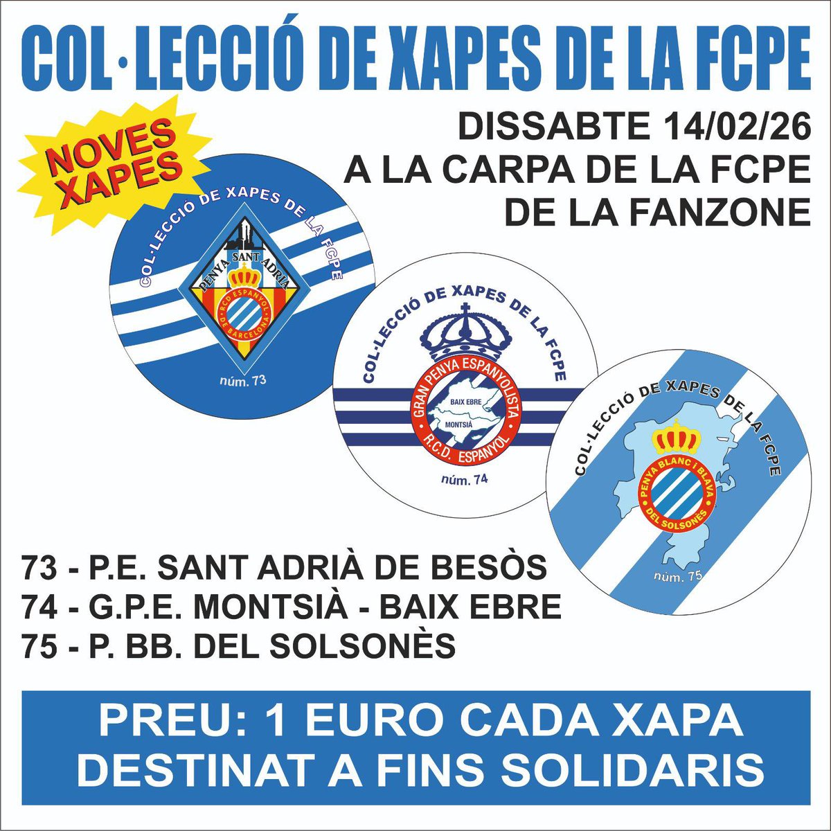 💙🤍 La FCPE anima la Fan Zone aquest dissabte!
Aquest dissabte, coincidint amb el partit contra el Celta, vine a gaudir de la Fan Zone des de les 11.00 h, on la FCPE dinamitzarà la jornada amb un taller de màscares. A més, a la carpa de la FCPE podràs trobar les noves xapes.