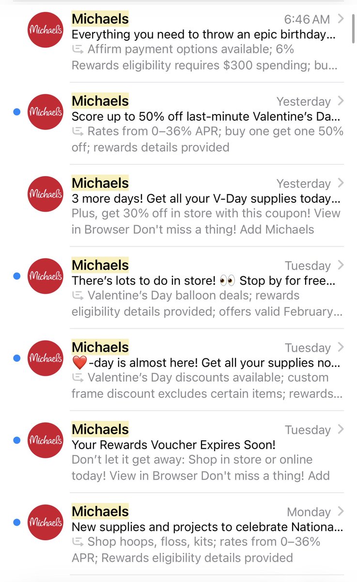 natmenc's tweet photo. @MichaelsStores be so for real right now. You cannot possibly think I want this many emails from you daily. 103 since 1/1. 103 in 43 days. https://t.co/sFzxNOh0k8