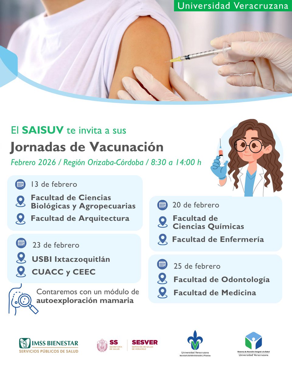 #RegiónOrizabaCórdoba  
¡El #SAISUV te invita a sus jornadas de vacunación!
📆Consulta las fechas y sedes en esta publicación.
💉El servicio es gratuito y abierto al público en general
📑Puedes acudir sin cartilla, pero es preferible llevarla (obligatorio para niños)