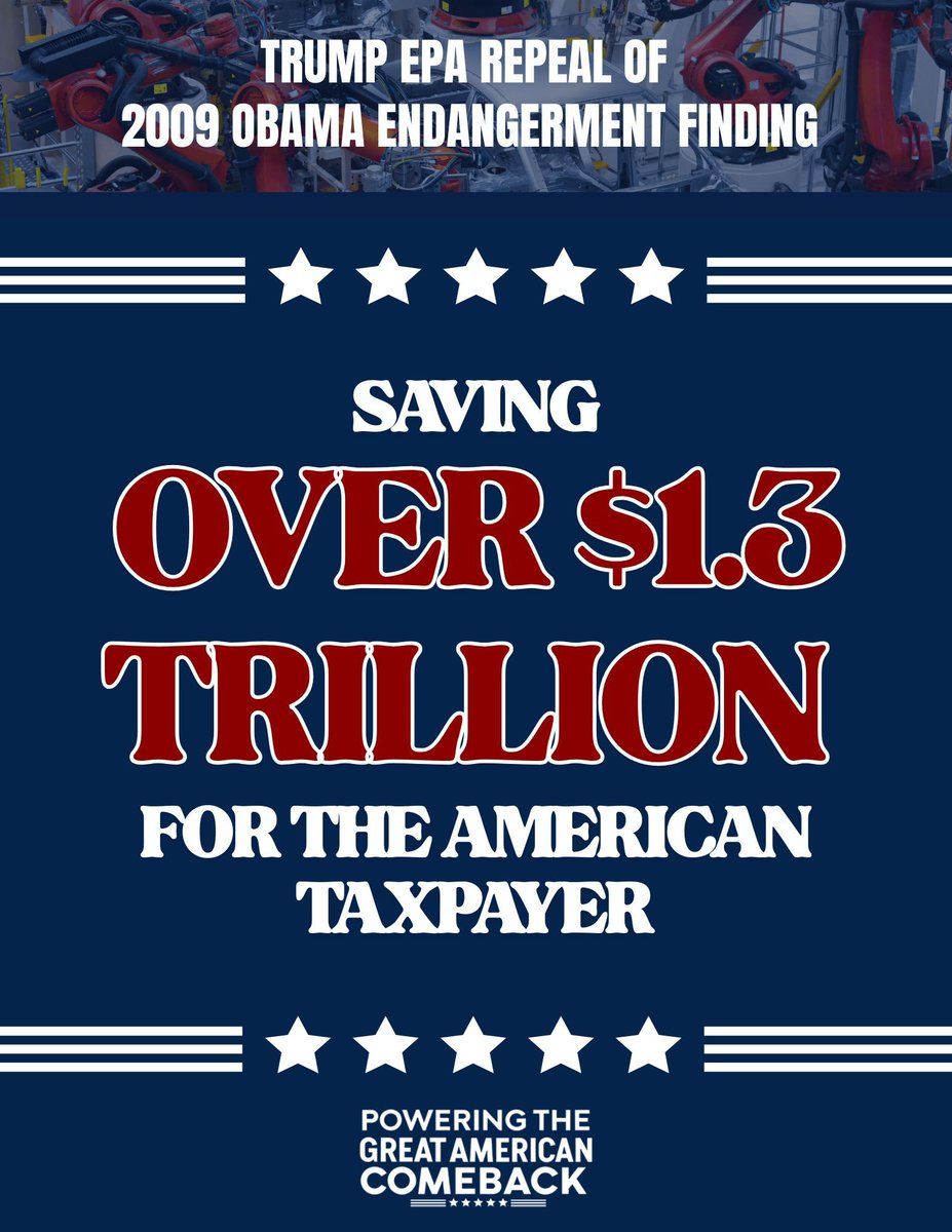 epaleezeldin's tweet photo. Today’s action to repeal the 2009 Endangerment Finding:
 
✅ Decreases Cost of Living for Americans

✅ Makes Vehicles More Affordable

✅ Boosts the U.S. Auto Industry

✅ Restores Consumer Choice

✅ Saves Americans $1.3 TRILLION https://t.co/JXX5dzzXK5