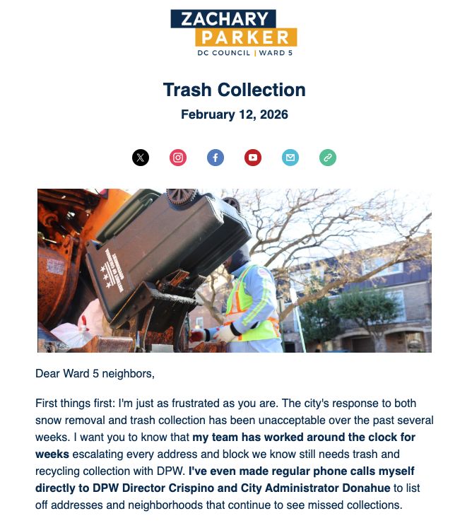 I just sent an email to Ward 5 Weekly Newsletter subscribers with the latest updates on trash and recycling collection. Check it out at ward5.us/trashupdate