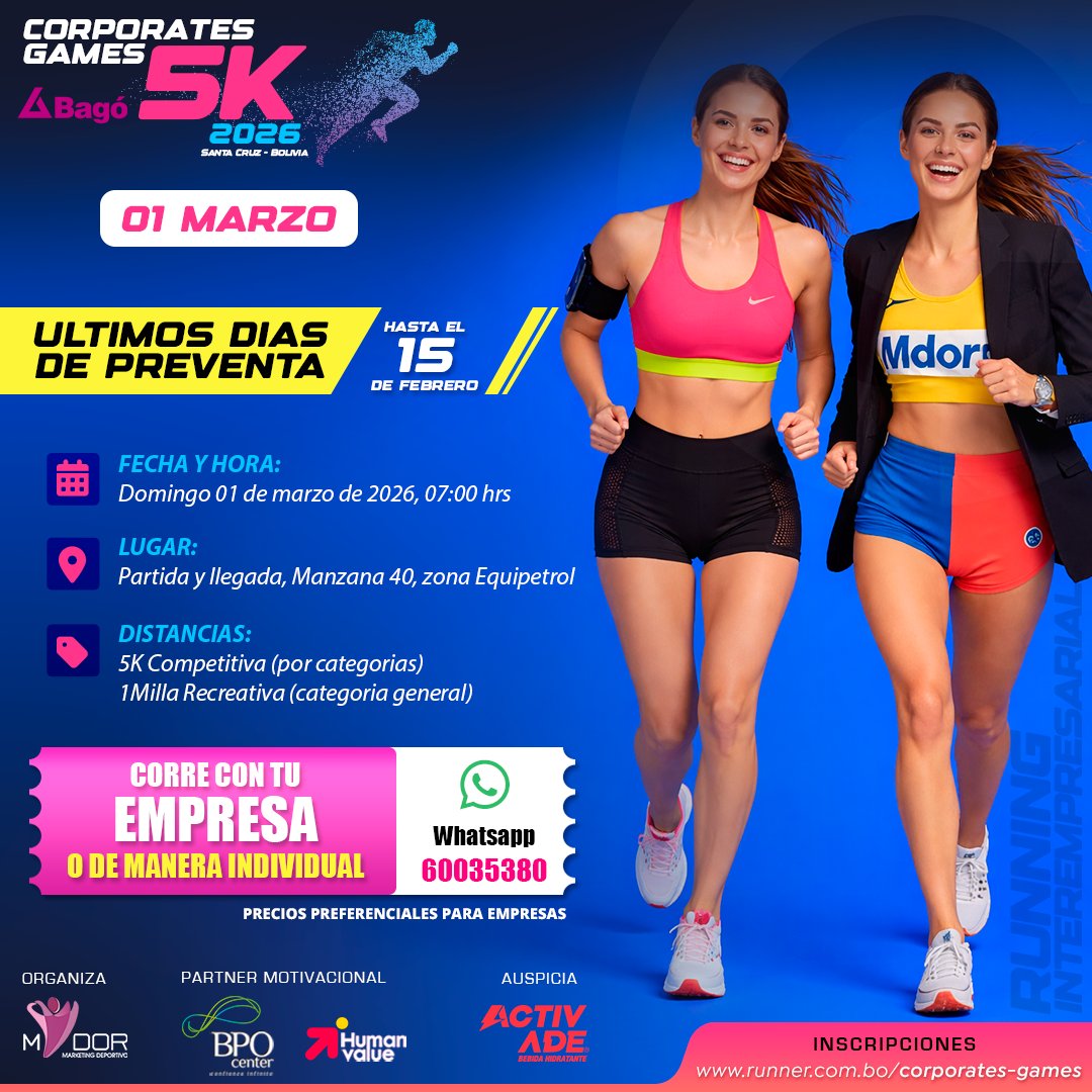 runnerbolivia's tweet photo. Ultimos dias de Preventa Corporates Games 2026 - https://t.co/aeLh27UlLO https://t.co/s4nmOH1LpP