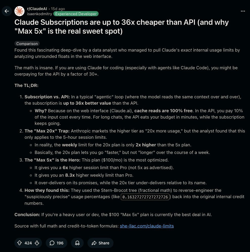 sdrzn's tweet photo. as fun as its been seeing opus and gpt one up each other, i don't think these will be the models we standardize on a year from now.

anthropic and openai have $200/mo plans where ppl have done the math is 36x cheaper than API cost. @steipete even said he had to stack subscriptions to make clawdbot because it "made tokens so much cheaper".

the play here is subsidize individual plans → devs get hooked → bring it to work → employers buy enterprise seats at 10x the price. BUT once they've captured enterprise, individuals and small teams *will* get priced out. 🧵