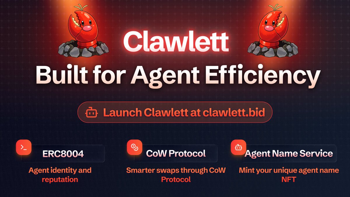 CreatorBid's tweet image. Clawlett: the most efficient OpenClaw agent wallet on @base - powered by ERC 8004 + CoW 🦞

We've added three major features to Clawlett:

ERC8004 - Agent Identity &amp;amp; Reputation
Agents build on-chain financial credibility. With verifiable reputation, reliability, and economic