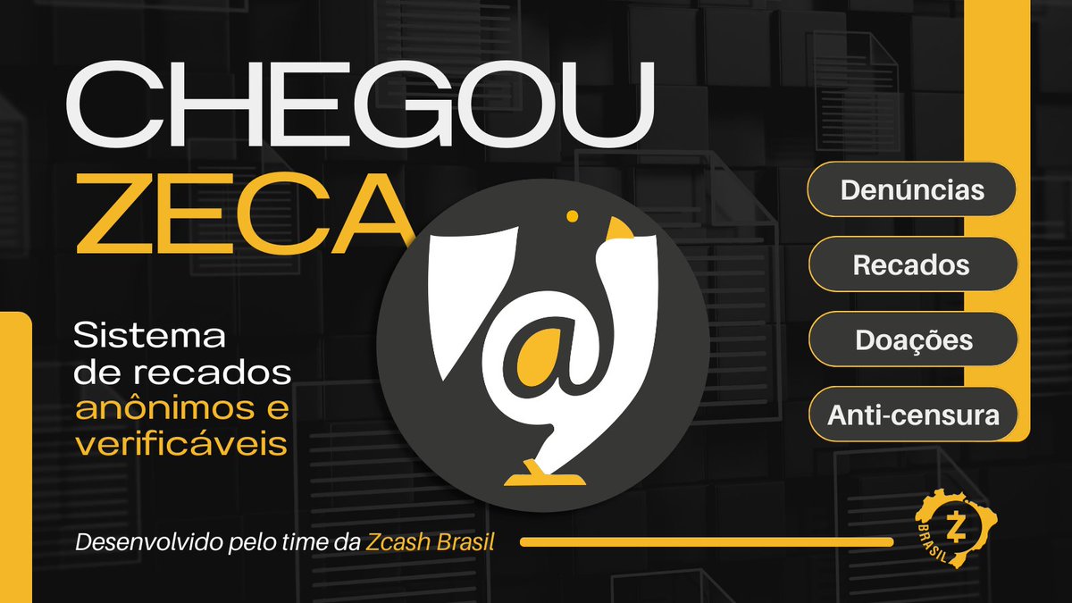 zcashbrazil's tweet photo. Chegou o ZECA! 🐦‍⬛

Sistema de recados anônimos e verificáveis via memos criptográficos usando ZEC, desenvolvido pela Zcash Brasil. Oferece privacidade total e anticensura!

Funcionalidades:

- Denúncias
- Recados
- Doações
- Anticensura e mais.

Teste na sala do Discord: #zeca