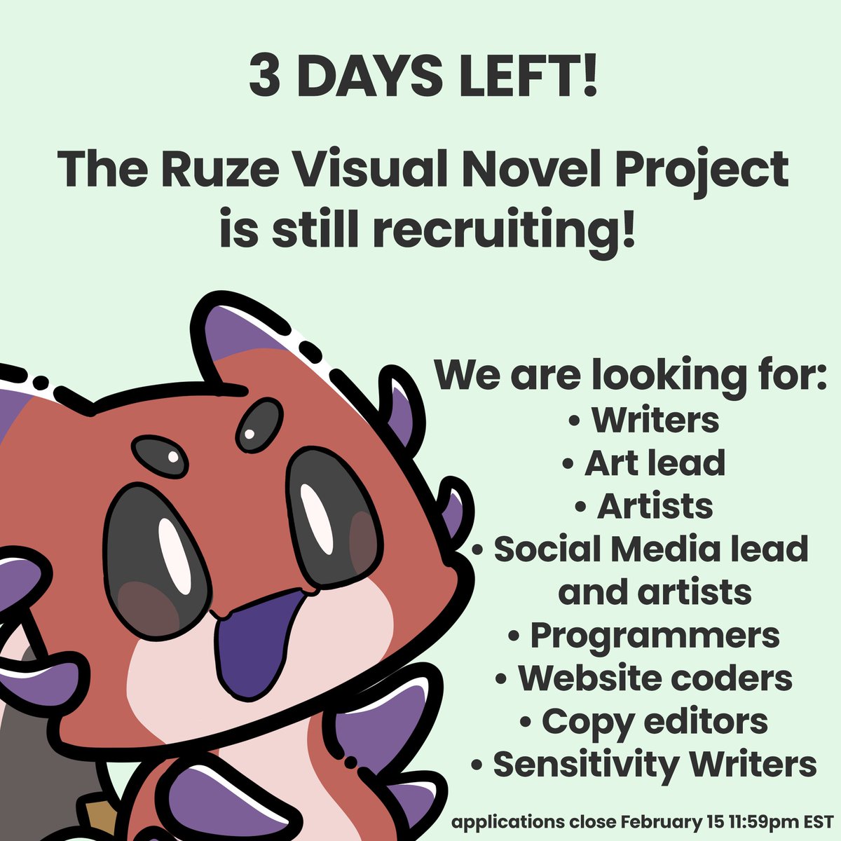 RuzeVNproject's tweet photo. 💢THE RUZE VISUAL NOVEL PROJECT RECRUITMENT IS OPEN FOR 3 MORE DAYS!

💢Continuing to accept applications for every position!

💢 Apply: https://t.co/ENU31nfnb0

#crimzonmuze #holostarsen https://t.co/90ZhIhypZG