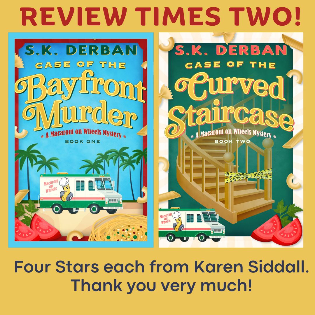 skderban's tweet photo. Thank you to @KarenSiddall for the two fabulous reviews! #caseofthebayfrontmurder #cozymystery #caseofthecurvedstaircase #macaronionwheels https://t.co/NuJyJe9qao