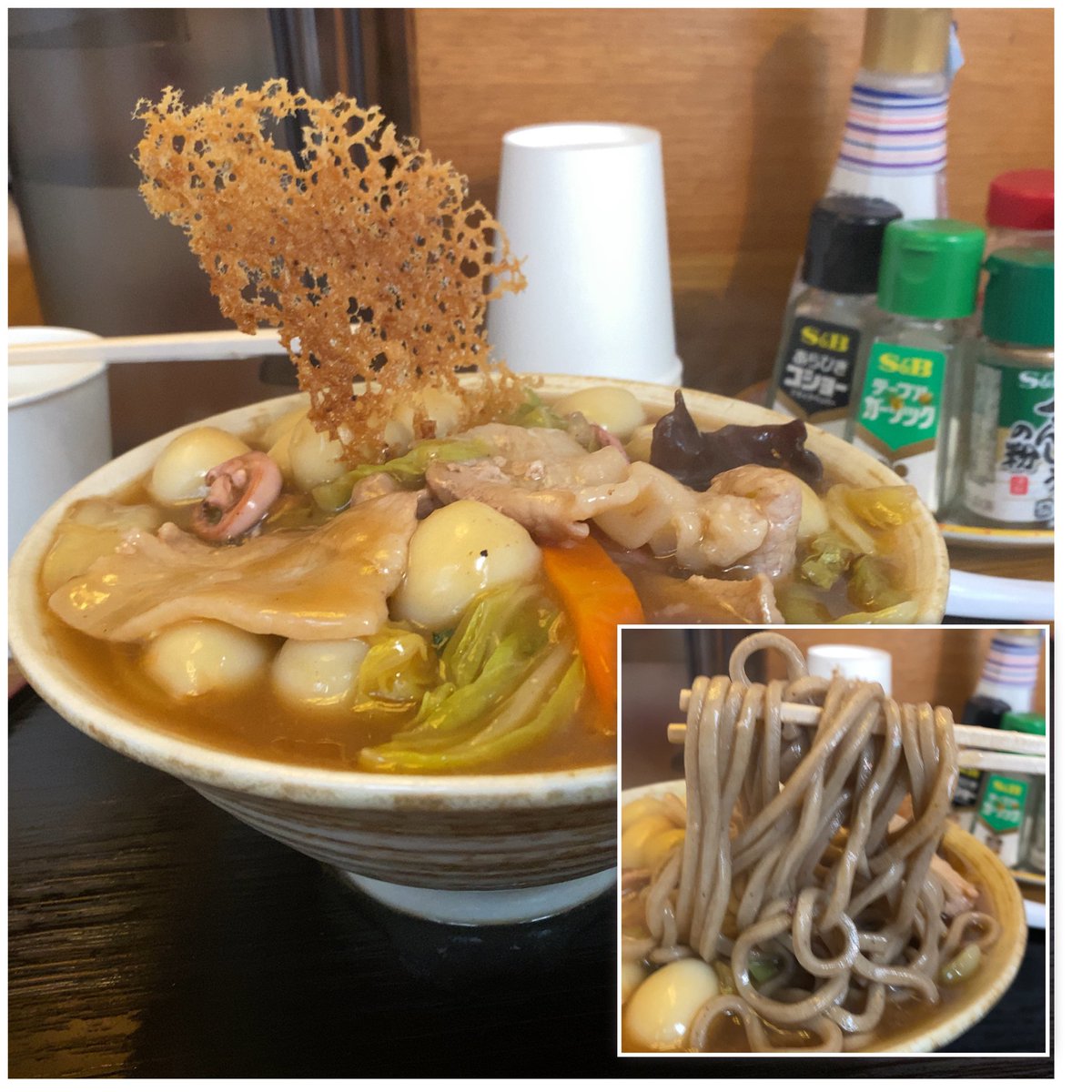 coripapan's tweet image. あさだけ  @錦糸町

昨朝 新メニュー「五目そば」を食べに！+うずら卵🥚

五目そば美味しいよ🥰
いろんな食材の旨味がでてる

ただ 今回のクセは「うずら卵」の方だった…
150円で10個以上入ってた💦
ありがたいが 黄身で口内パサパサになるw
それをスープで胃に流し込むと 最高なのだがね😍
#あさだけ