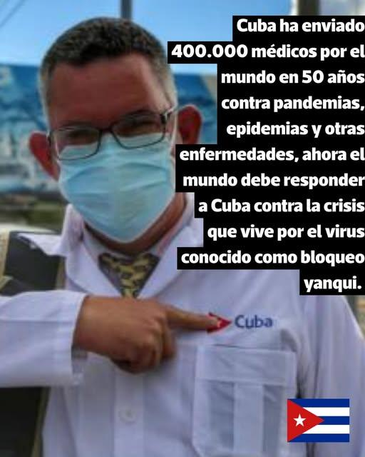 SuselyMorfaG's tweet photo. Cuba ha enviado 400.000 médicos por el mundo en 50 años contra pandemias, epidemias y otras enfermedades, ahora el mundo debe responder a Cuba contra la crisis que vive por el virus conocido como bloqueo yanqui https://t.co/NFAxGPeoeT