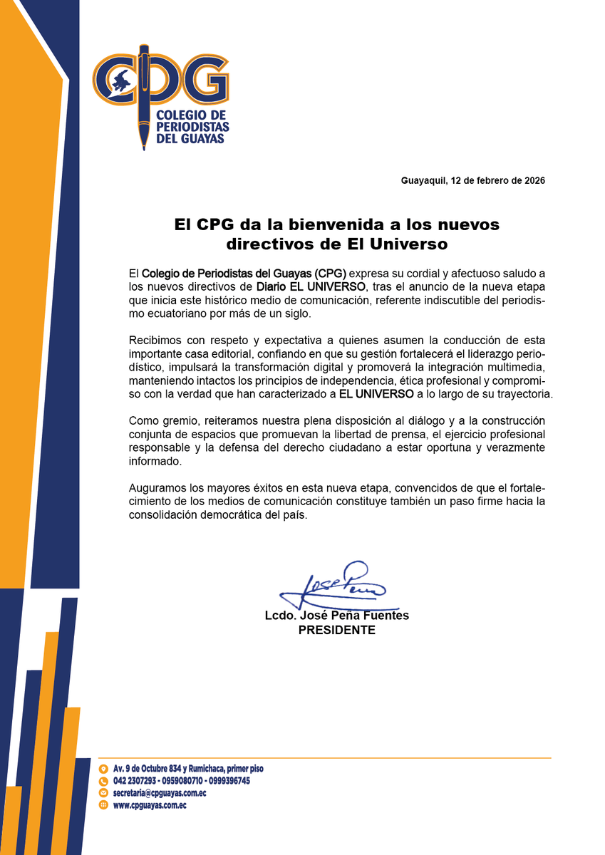 CPGuayas's tweet photo. El Colegio de Periodistas del Guayas (CPG) expresa su cordial y afectuoso saludo a los nuevos directivos de Diario EL UNIVERSO, tras el anuncio de la nueva etapa que inicia este histórico medio de comunicación, referente indiscutible del periodismo ecuatoriano por más de un siglo https://t.co/9bQcrQi23h