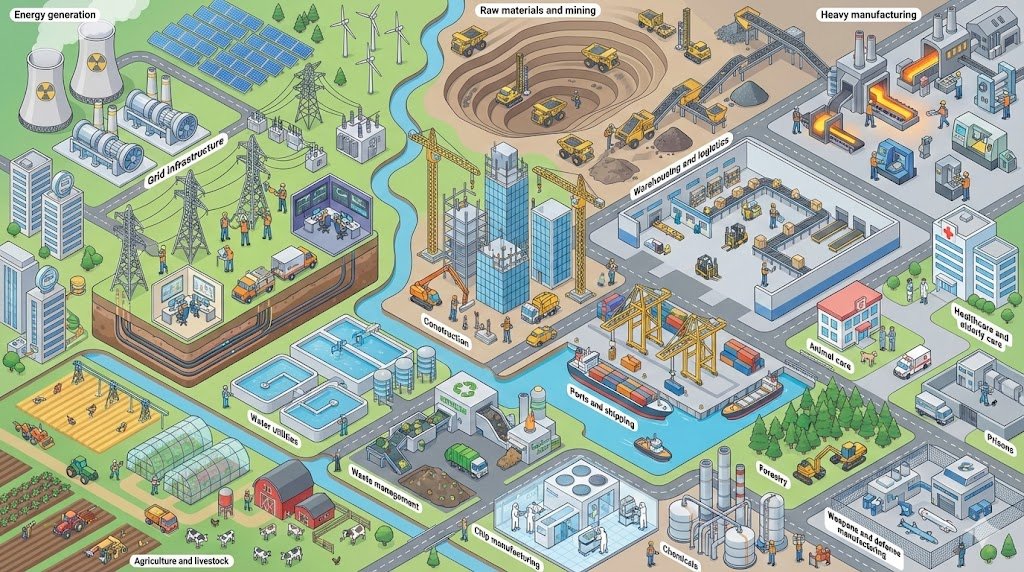 Industries AI won’t replace:

• Energy generation

• Grid infrastructure

• Raw materials

• Heavy manufacturing

• Construction

• Warehousing

• Ports and shipping

• Agriculture

• Water utilities

• Waste management

• Chip manufacturing

• Weapons manufacturing