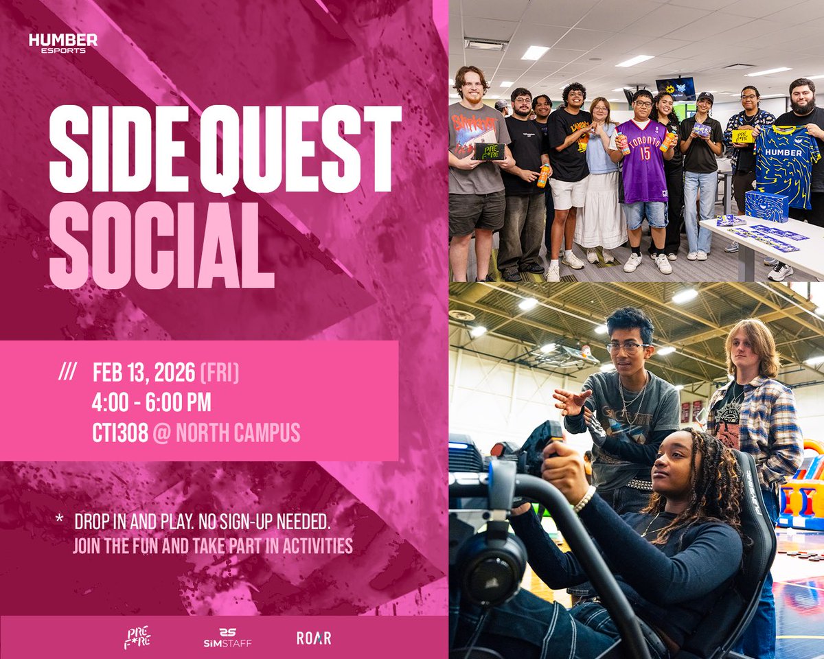 HumberEsportsGG's tweet image. We have got a another awesome social event happening! 

Side Quest Social is back this Friday from 4pm-6pm in CTI308 on North Campus

Come chill, hangout, and play some games with us 🙌

#HumberRising #GG #Esports