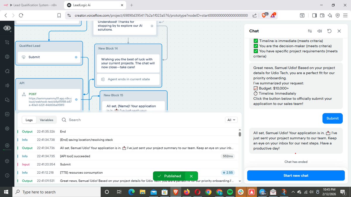 SamuelUdio's tweet photo. Just finished building a custom lead qualification engine. 🛠️ Built with Voiceflow and n8n, this system uses AI to filter out the noise and only delivers high-value leads directly to my CRM. The future of sales is automated. #Voiceflow #BuildInPublic #AI https://t.co/J5EQKXY6La