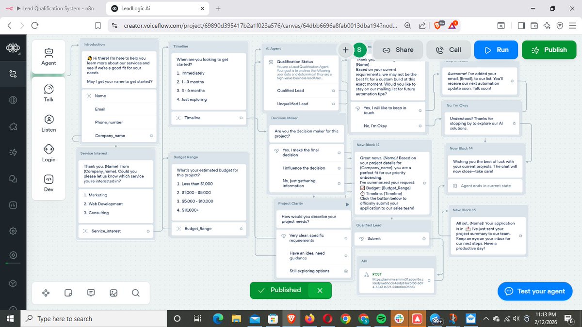 SamuelUdio's tweet photo. Just finished building a custom lead qualification engine. 🛠️ Built with Voiceflow and n8n, this system uses AI to filter out the noise and only delivers high-value leads directly to my CRM. The future of sales is automated. #Voiceflow #BuildInPublic #AI https://t.co/J5EQKXY6La