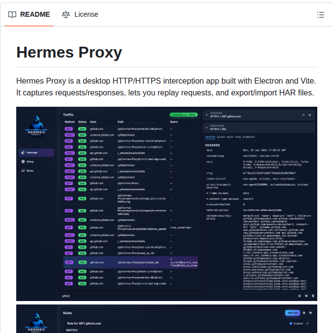 tom_doerr's tweet photo. Intercepts traffic and replays requests via Electron

https://t.co/grYmisq1Bq https://t.co/CoN3VFjHkt