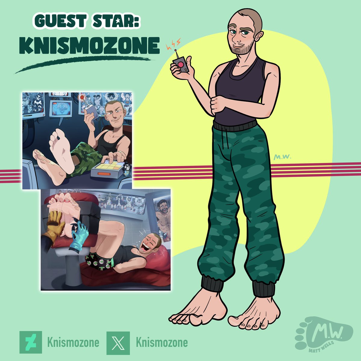 MattWellsArt's tweet photo. @knismozone joins the tickleverse! Many artists have drawn this big footed stud, I decided it was my turn! Loved getting to draw him and his big feet! He will def bring lots of laughs to the Matt Wells tickleverse!
Reference art within in the drawing by fellow artist @PMarshyy ! https://t.co/JfNidtPKaR