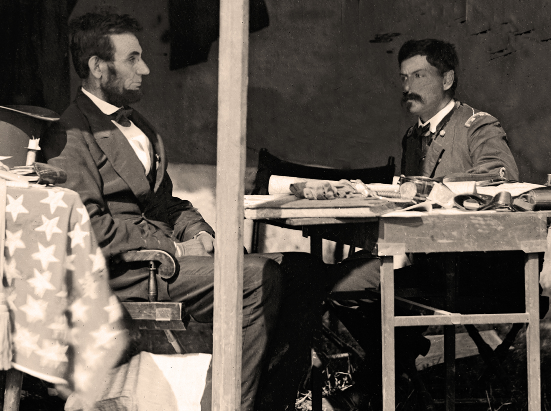 BeschlossDC's tweet photo. In this detail from a photograph that has the quality of a painting, President Lincoln (born today 1809) meets General McClellan inside tent at Antietam in 1862: https://t.co/B8W8fhH7du